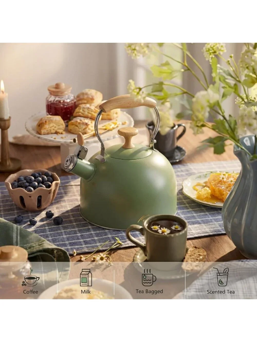 Green Stainless Steel Whistling Tea Kettle 2.4L Stovetop Induction Gas Handle